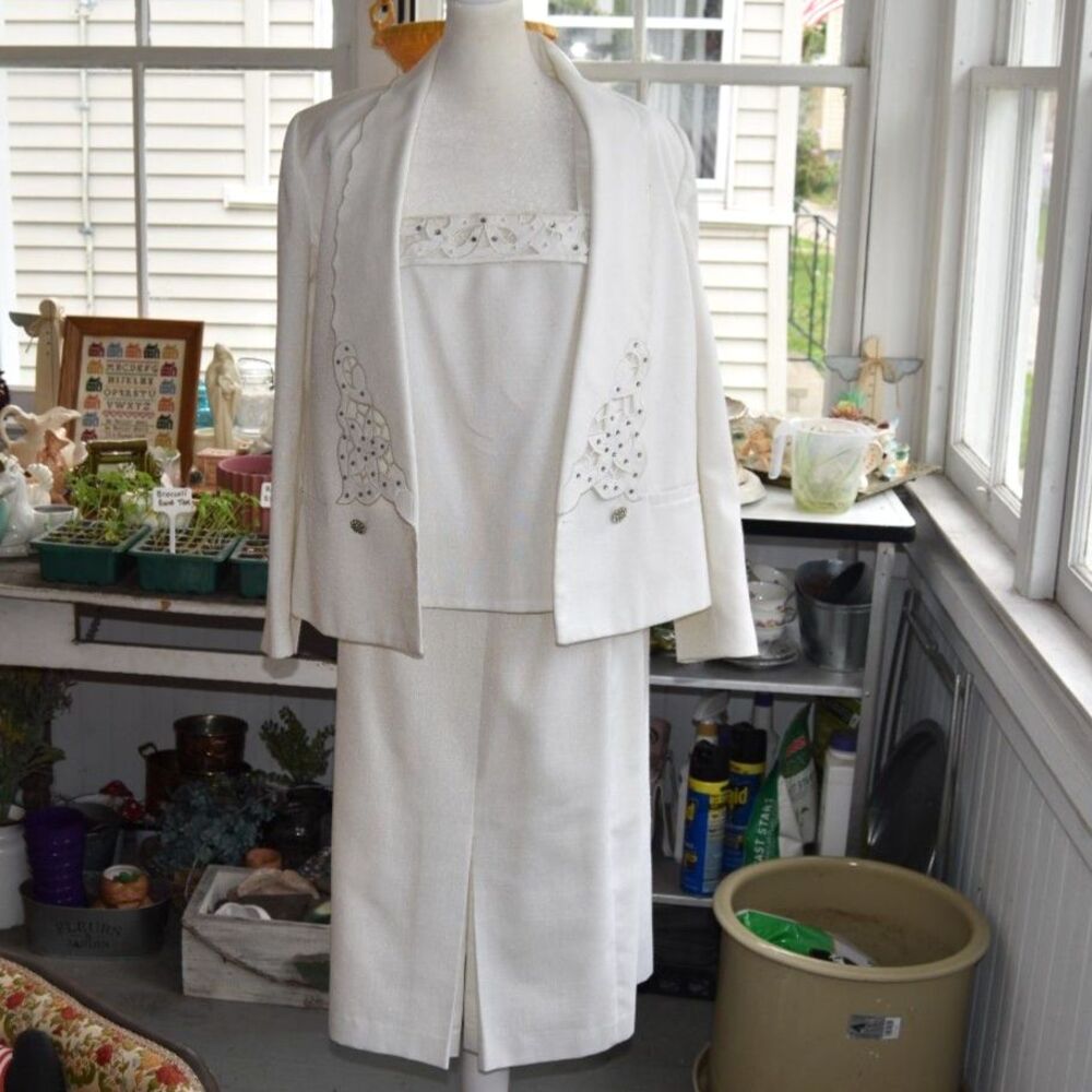Vintage Nolan Miller Dynasty 3 Pc Ivory Formal Skirt Suit Rhinestone 8